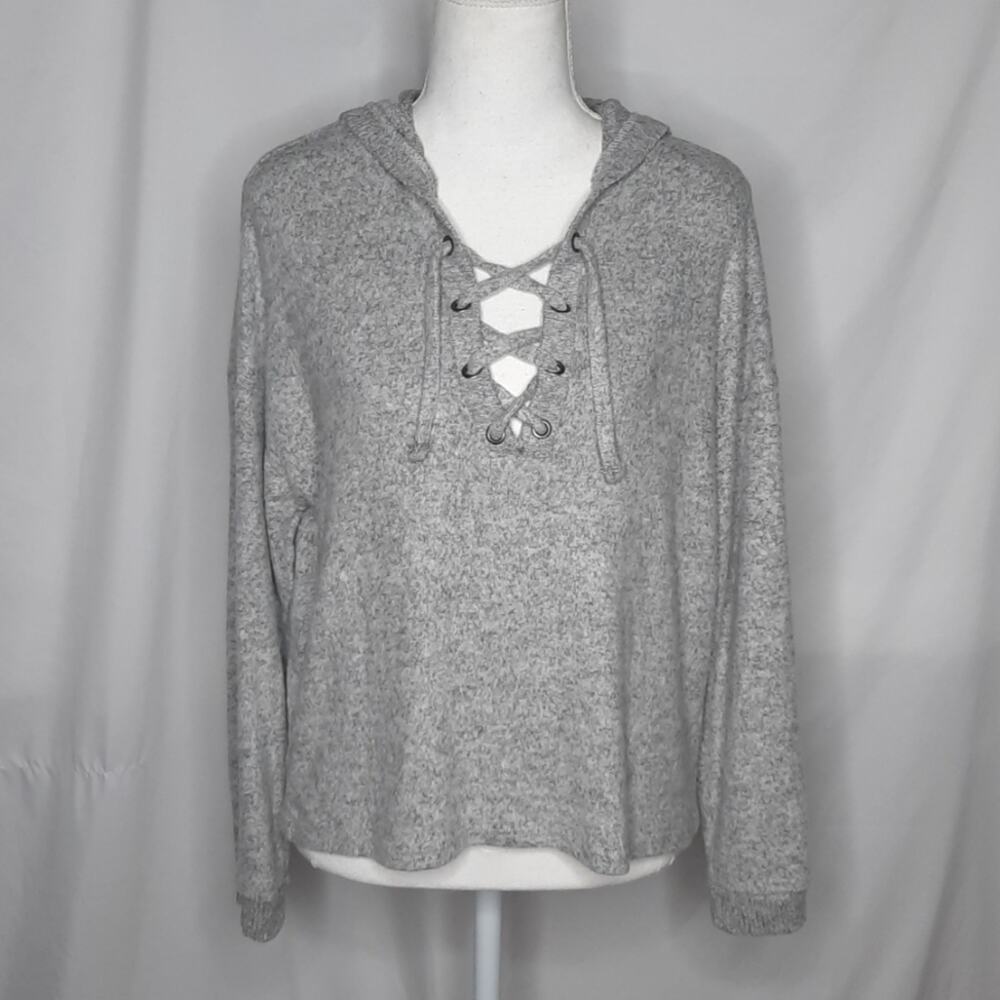 Hippie Rose Women's Lace Up Hooded Sweater Gray Medium